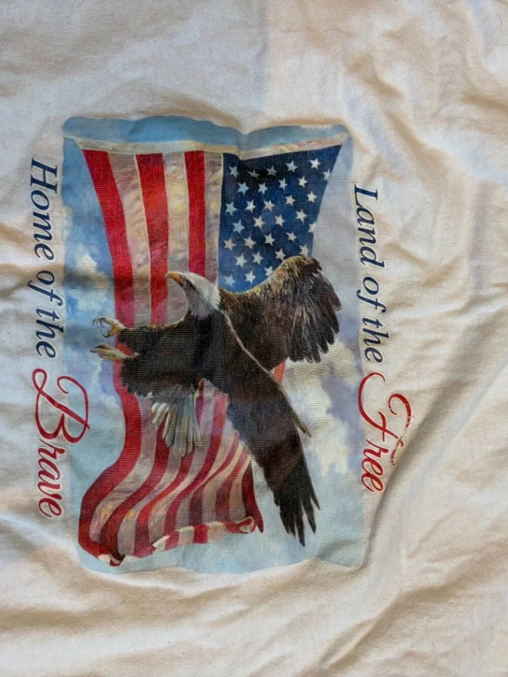 Women's Large American Flag T-Shirt Land of The Free Home of the Brave